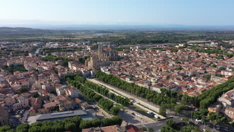 Narbonne-old-city-center-canal-de-la-Robine-aerial-drone-view-sunny-day-France